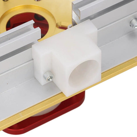 Built Tough Manual Router Lift Kit Featuring Precision Aluminum Base And Four Jaw Clamp Setup showing a close-up of the durable clamping mechanism.