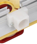 Close up of Manual Router Lift Rig With Knockout Precision Height Adjustments showing the white plastic insert and aluminum frame.