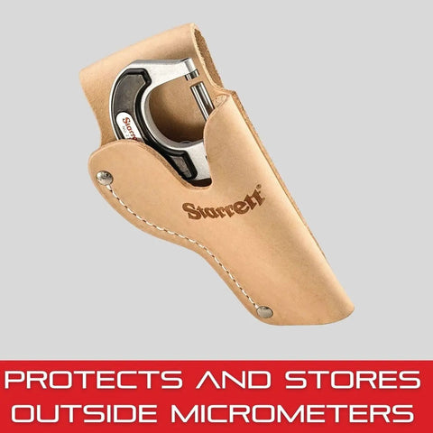 Heavy Duty Leather Belt Holster For 1 Inch Outside Micrometer with engraved logo, showing durable tan leather and belt loop for quick access.