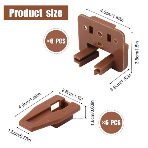 Brown Plastic Drawer Track Guide Repair Kit For Center Mount Drawers To Run Dang Smooth Quick Replacement Slides With Mounting Screws For Dressers And Nightstands, showing product sizes.