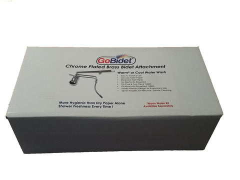 Box packaging of All Metal Bidet Attachment With Chromed Finish Easy Under Thirty Minute Install Adjustable Seven Hole Spray