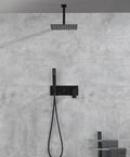 Shower System, 10-Inch Ceiling Rain Head with Handheld Spray, Matte Black mounted on a minimalist gray wall.