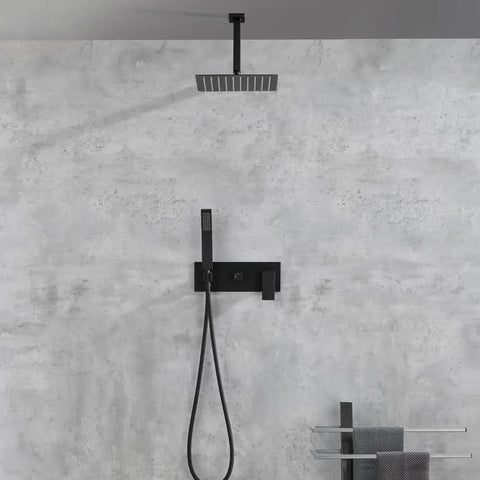 Shower System, 10-Inch Ceiling Rain Head with Handheld Spray, Matte Black mounted on a minimalist gray wall.
