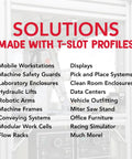 Poster listing uses for 1.5 Inch By 1.5 Inch T Slot Aluminum Extrusion 15 Series, including mobile workstations and robotic arms.