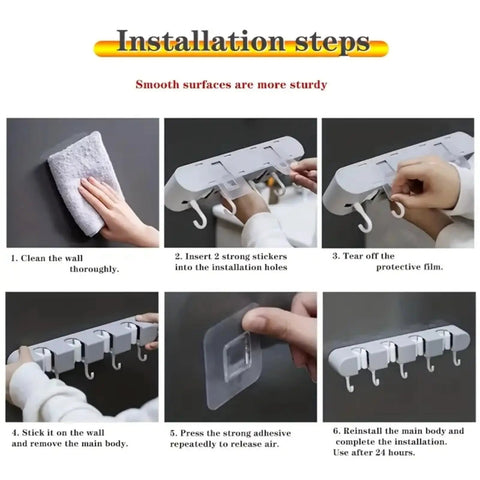 Installation steps for Wall Mounted Broom And Mop Organizer With Four Racks And Five Hooks for various room storage