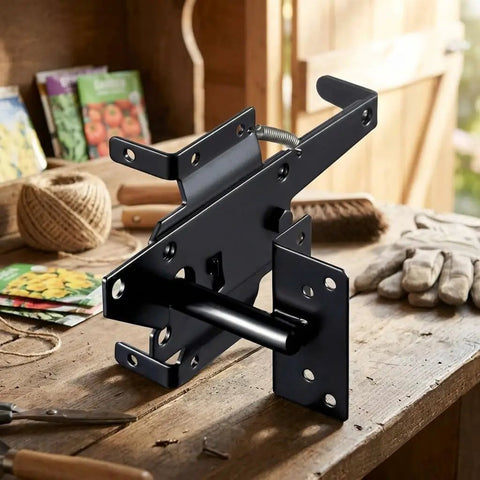 Heavy Duty Carbon Steel Fence Gate Latch Featuring Weather Resistant Coated Finish For Secure Wood And Vinyl Fences, on workbench.