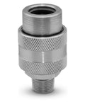 Front view of knurled 3/8 in hydraulic quick coupler with male threaded end, metal body.