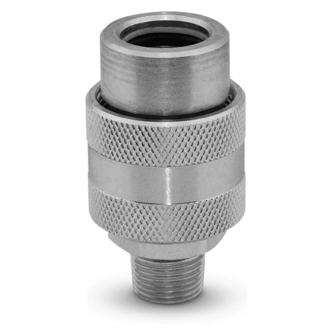 Front view of knurled 3/8 in hydraulic quick coupler with male threaded end, metal body.