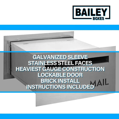 Galvanized sleeve mailbox with stainless steel face and lockable door, suitable for brick installation.