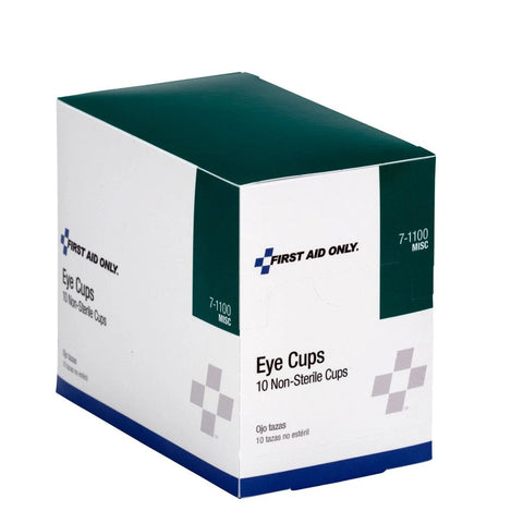 First Aid Only Eye Cups box, 10 non-sterile plastic cups in white with green-blue packaging.
