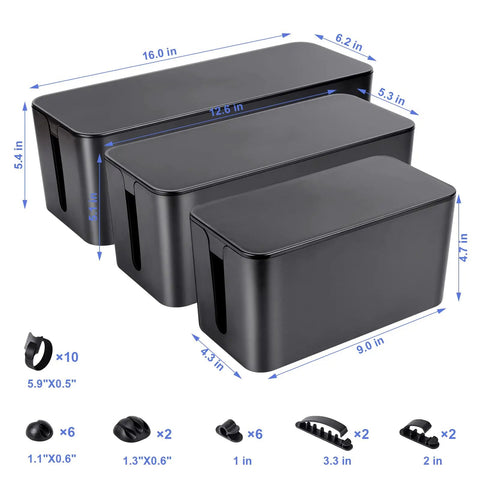 Triple Cable Organizer Box Set for Desk Tidy Up Wires Like a Pro With Large, Medium, and Small Cord Management Boxes, Black