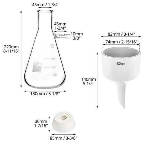 Dimensions of Pro Grade 1000ml Buchner Funnel Kit With Vacuum Filter Flask Heavy Wall Borosilicate Glass Filtration Set