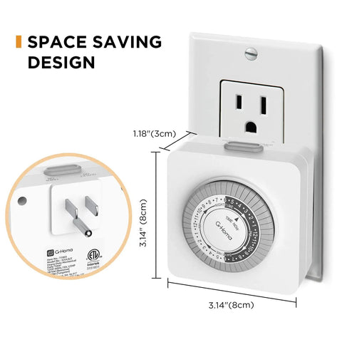 24 Hour Mechanical Timer Outlet With Two Grounded Outlets For Lamps And Holiday Lights, Set And Forget Auto On Off Switch, shown plugged in