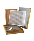 Beeswax Dipped Langstroth Beehive Parts Kit For 10 Frame Hives With Telescoping Top Cover, oval bee escape on white background