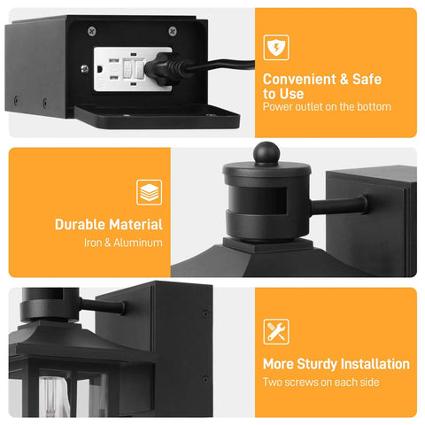 Porch Lights With Outlet GFCI Motion Sensor Outdoor Wall Light Black Waterproof Dusk To Dawn Lantern features and materials