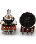 Two Bourns 500K short split-shaft audio-taper potentiometers; front and top views.