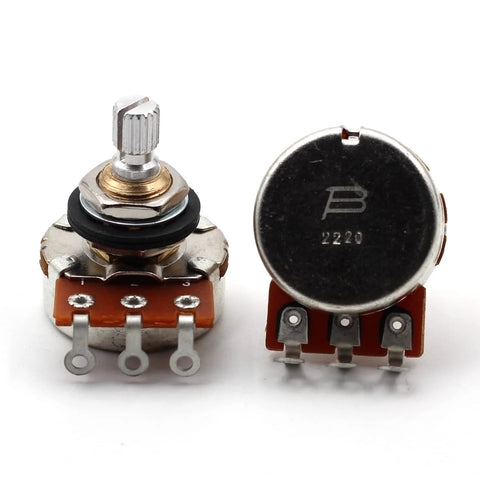 Two Bourns 500K short split-shaft audio-taper potentiometers; front and top views.