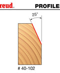 Beefed Up Chamfer Router Bit 15/16 Inch Diameter With 1/4 Inch Shank, 25 Degree Angle, profiles view, showing beveled edge.