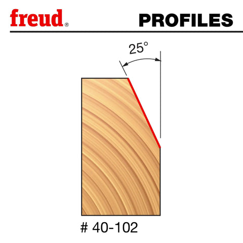 Beefed Up Chamfer Router Bit 15/16 Inch Diameter With 1/4 Inch Shank, 25 Degree Angle, profiles view, showing beveled edge.