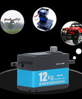 Industrial Grade Full Metal Servo Motor Brings Kick Ass 12Kg Torque And Hella Precision To RC Car Boat Drone And Robot Arm Projects With Sealed Design, displayed on a black background.