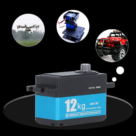 Industrial Grade Full Metal Servo Motor Brings Kick Ass 12Kg Torque And Hella Precision To RC Car Boat Drone And Robot Arm Projects With Sealed Design, displayed on a black background.