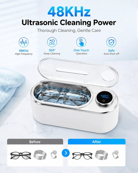 Ultrasonic Jewelry Cleaner Delivers Knockout Deep Clean With 48KHz Waves 440Ml Tank with glasses in stainless steel basin.