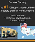 Eurmax Canopy store and map of North America with factory locations, including headquarters at El Monte, CA address.