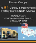 Eurmax Canopy store location with American map, address 4183 Temple City Blvd, El Monte, CA, noted as top canopy factory store in North America.