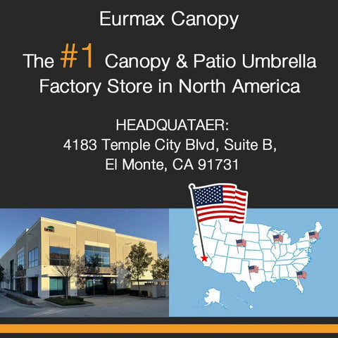 Eurmax Canopy Headquarters with map and building image, El Monte, California location highlighted, USA map with flags