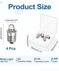 Four Pack E10 Miniature Screw Base Light Bulbs 3V 0.3A in transparent case, showing size and specifications for gadgets and hobby projects.