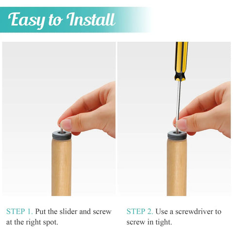 Installation steps for 24 Pack Screw On Furniture Sliders For Heavy Gear 1 Inch Square Floor Glides, showing securing with screwdriver.