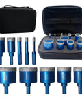 Front view of blue diamond tile hole saw kit, 10 pieces, with storage case.