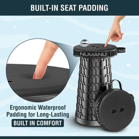 Upgraded Padded Collapsible Stool With Telescoping Height From 2.5 To 18 Inches, showing ergonomic waterproof padding detail