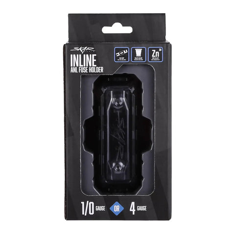 Badass In-Line Anl Fuse Holder With 150 Amp Fuse For 1/0 Or 4 Gauge Car Audio Wiring With Reducer Shims Included High Performance Zinc Core And Smoked Gray Cover in packaging.