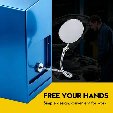 Heavy Duty Magnetic Welding Inspection Mirror With 360 Degree Adjustable Arm for Auto Repair Pros attached to blue surface