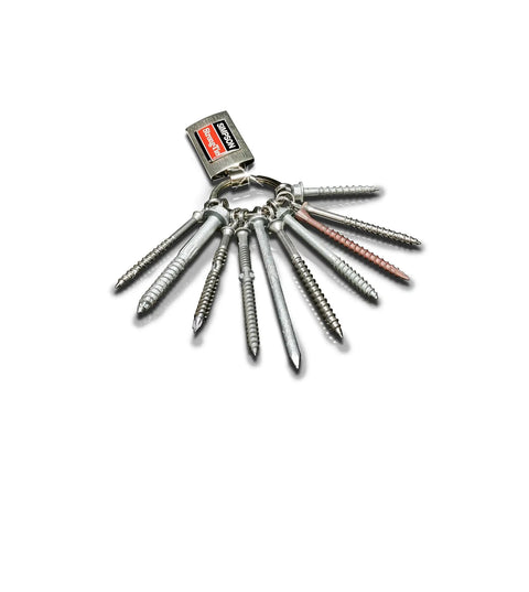 Bugle Head Wood Screws With Six Lobe Drive And T15 Bit Compatibility For Size 6 By One Quarter Inch assembled on a keychain.