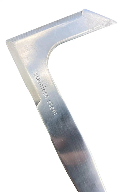 Close-up of L-shaped head of Crack Weeder Tool With Ergonomic Handle For Patios And Driveways Stainless Steel Weed Puller