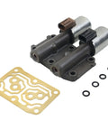 Plug And Play Transmission Dual Linear Shift Solenoid Valve Gasket Replacement For 2003 To 2008 Accord With OE Grade Seal Kit And Gaskets Plus Compatible Part Numbers 28260-PRP-014 98990B GEGT7610-262 90428C displayed with solenoid and gaskets