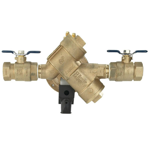 Industrial Grade Lead-Free Bronze Y Pattern Rpz Backflow Preventer With Built-In Flood Sensor side view showcasing valves and 1 inch size.