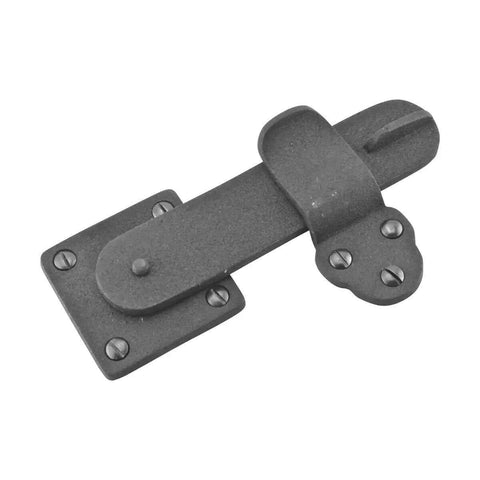 Five And Three Quarters Inch Black Wrought Iron Barn Door Latch featuring heavy duty gate lock and mounting hardware.