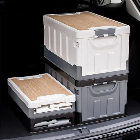 Kickass Folding Tailgate Crate Featuring Heavy Duty Wooden Tabletop Lid And Hella Massive Storage Volume For Smooth Car Camping Gear Organization And Rapid Trunk Setup In Matte Charcoal Black Coating