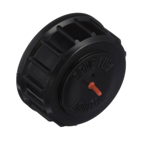 Gear Lube Monitor Reservoir Cap Replacement For MerCruiser Alpha And Bravo Sterndrive Systems, black with red nozzle, side view.