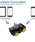 Four Wheel Drive Robot Car Kit Compatible With Arduino IDE Featuring Line Tracking And Obstacle Avoidance Wireless Control App Ultrasonic Sensor And Servo Motor DIY Ready Battery Not Included shown with Android and iPhone control devices.