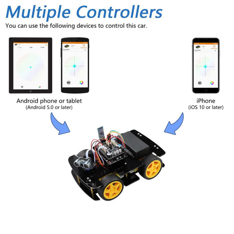 Four Wheel Drive Robot Car Kit Compatible With Arduino IDE Featuring Line Tracking And Obstacle Avoidance Wireless Control App Ultrasonic Sensor And Servo Motor DIY Ready Battery Not Included shown with Android and iPhone control devices.