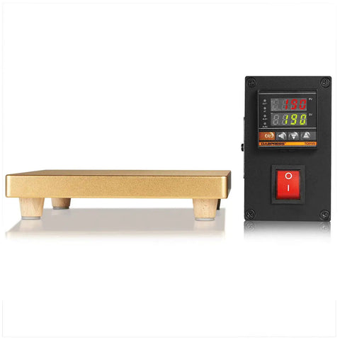 7x7 Inch Plate Heater with Golden Finish, 110 Volts 600 Watt Warmer on four wood legs, perfect for DIY projects and crafts