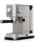 Zero Hassle Compact Espresso Maker With Milk Frother, 20 Bar Pump Delivers Quick Shots, 50 Ounce Tank, steel casing and sleek design.