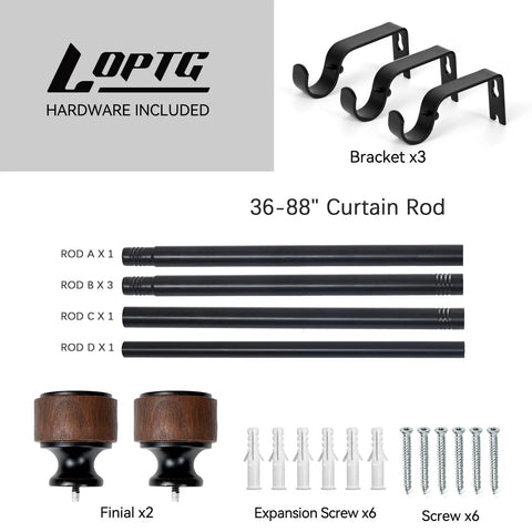 Rustic Wood Curtain Rod With Heavy Duty Adjustable Length 1 Inch Diameter Drapery Rod Featuring Faux Wood Grain Finials Built To Last In Matte Black Walnut Modern Luxe Farmhouse Style Vibe For 36 To 88 Inch Windows with hardware and brackets