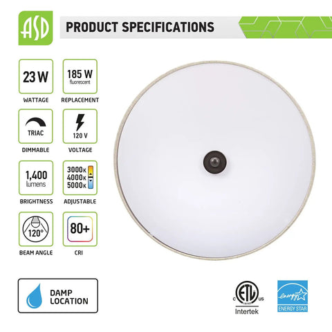 15 Inch Round LED Flush Mount Light Fixture With Dimmable 23W 1400 Lumens 3000K 4000K 5000K 3CCT, 120V Energy Star ETL Listed