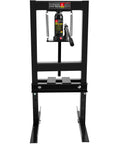 Front view of Beefy 6 Ton H Frame Hydraulic Shop Press With Adjustable Floor Stand Height Range Two To Nine Inches And Stamping Plates