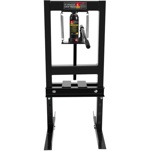 Front view of Beefy 6 Ton H Frame Hydraulic Shop Press With Adjustable Floor Stand Height Range Two To Nine Inches And Stamping Plates